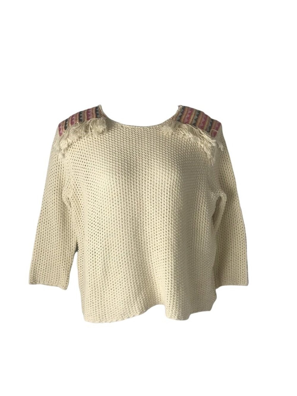 Billabong Crop Sweater Off White Large Cotton Textured Knit Woven Pattern Fringe